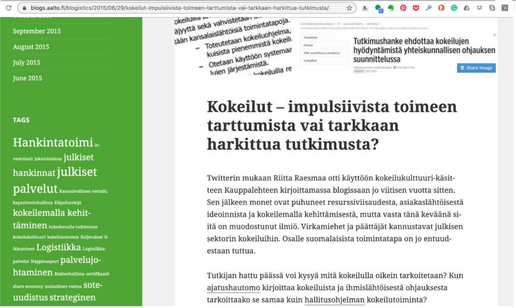 Ruutukaappaus Aalto-yliopiston tutkijan Katariina Kemppaisen blogikirjoituksesta.